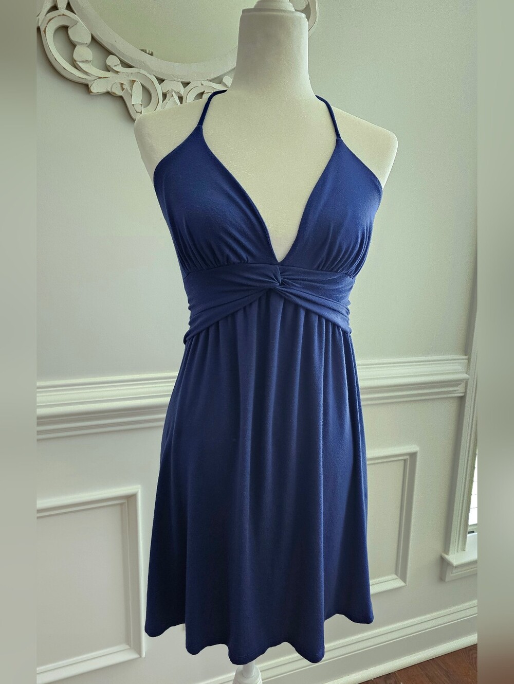 Express Navy Blue Twist-Front Halter Mini Dress - Size Small - Vtg Y2K